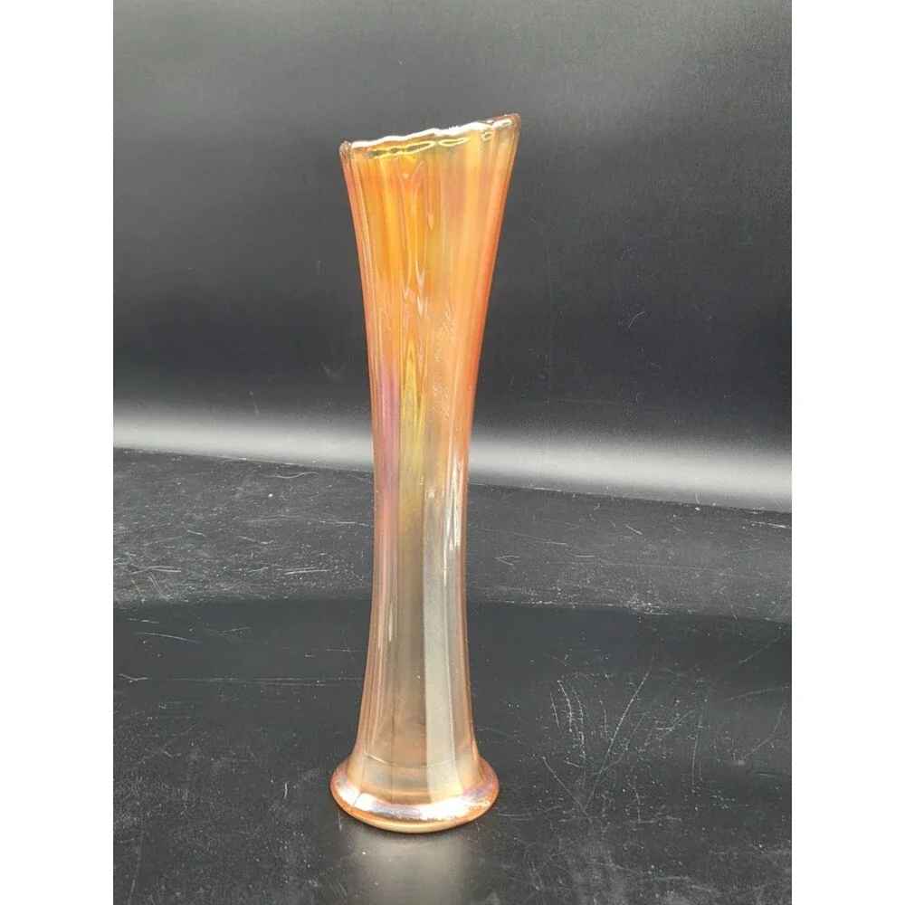 Vintage Amber Marigold Carnival Glass Opalescent Swung 9.5” Vase
